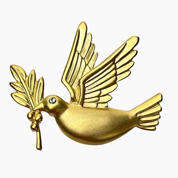 Brooch Peace Dove Carrying Olive Branch Matte Gold Tone Rhinestone 1.5 Inch Pin - Picture 1 of 7